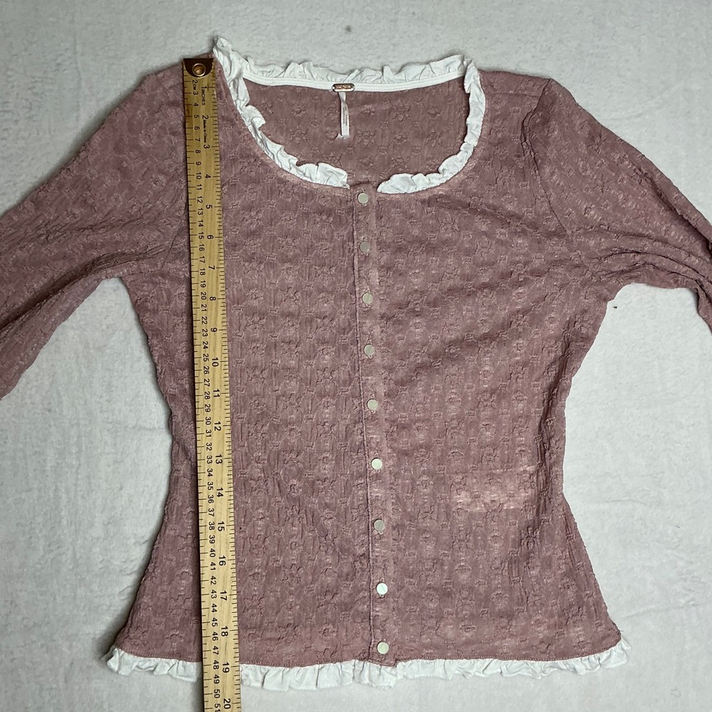 Free People Pink Textured Ruffle Cardigan Button Down Long Sleeve Top Women - Picture 6 of 10